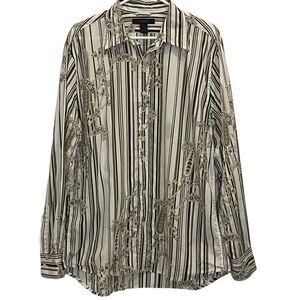 Express Men's White Brown Print Stripe Button Down Long Sleeve Y2K Shirt Large